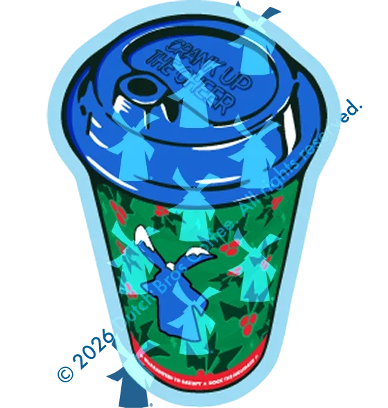 Illustrated holiday coffee cup with a blue lid reading "Crank Up the Cheer," green cup with festive holly and dancing figures.