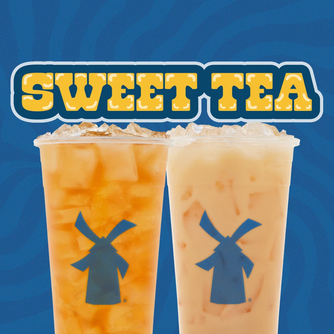 Two iced sweet tea drinks in clear cups with windmill logos against a blue background, topped with "SWEET TEA" text.