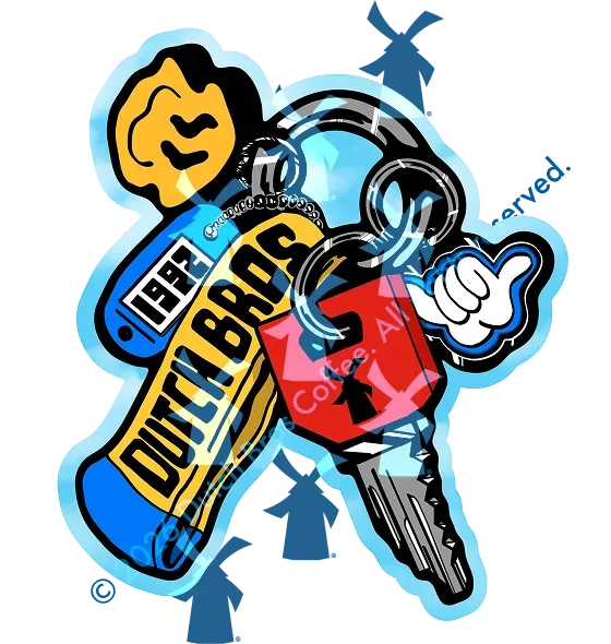Colorful Dutch Bros Coffee sticker featuring a keychain with keys, a red lock, and a blue Dutch Bros logo tag.