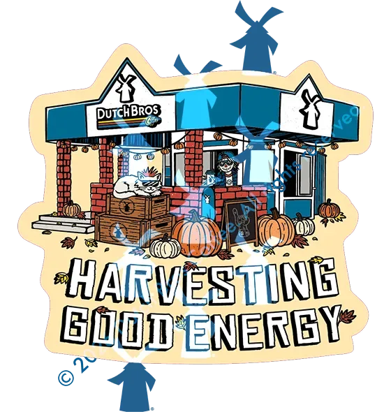 Dutch Bros Coffee shop illustration with fall pumpkins and the text "Harvesting Good Energy" in a sticker-style design.