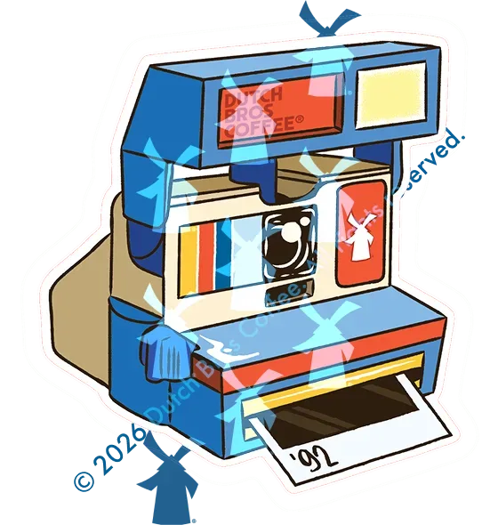 Illustrated Dutch Bros Coffee branded Polaroid camera in blue, red, and yellow with a windmill graphic and photo printing out.