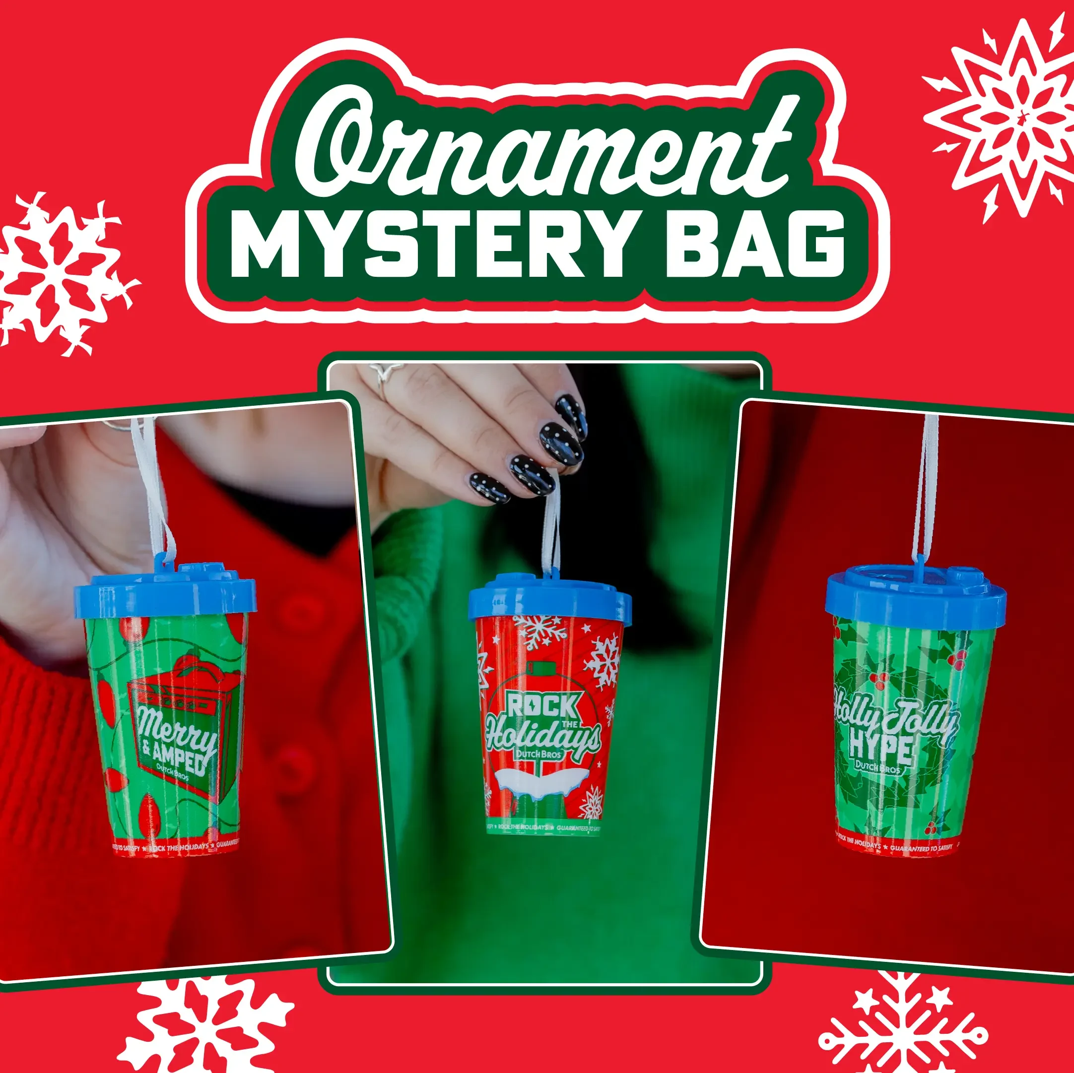 Holiday ornament mystery bag featuring three festive tumbler ornaments with blue lids and Christmas designs against red background.