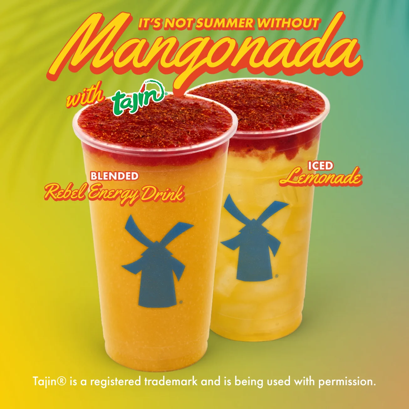Two Mangonada drinks with Tajin topping - a Blended Rebel Energy Drink and Iced Lemonade with windmill logos on cups.