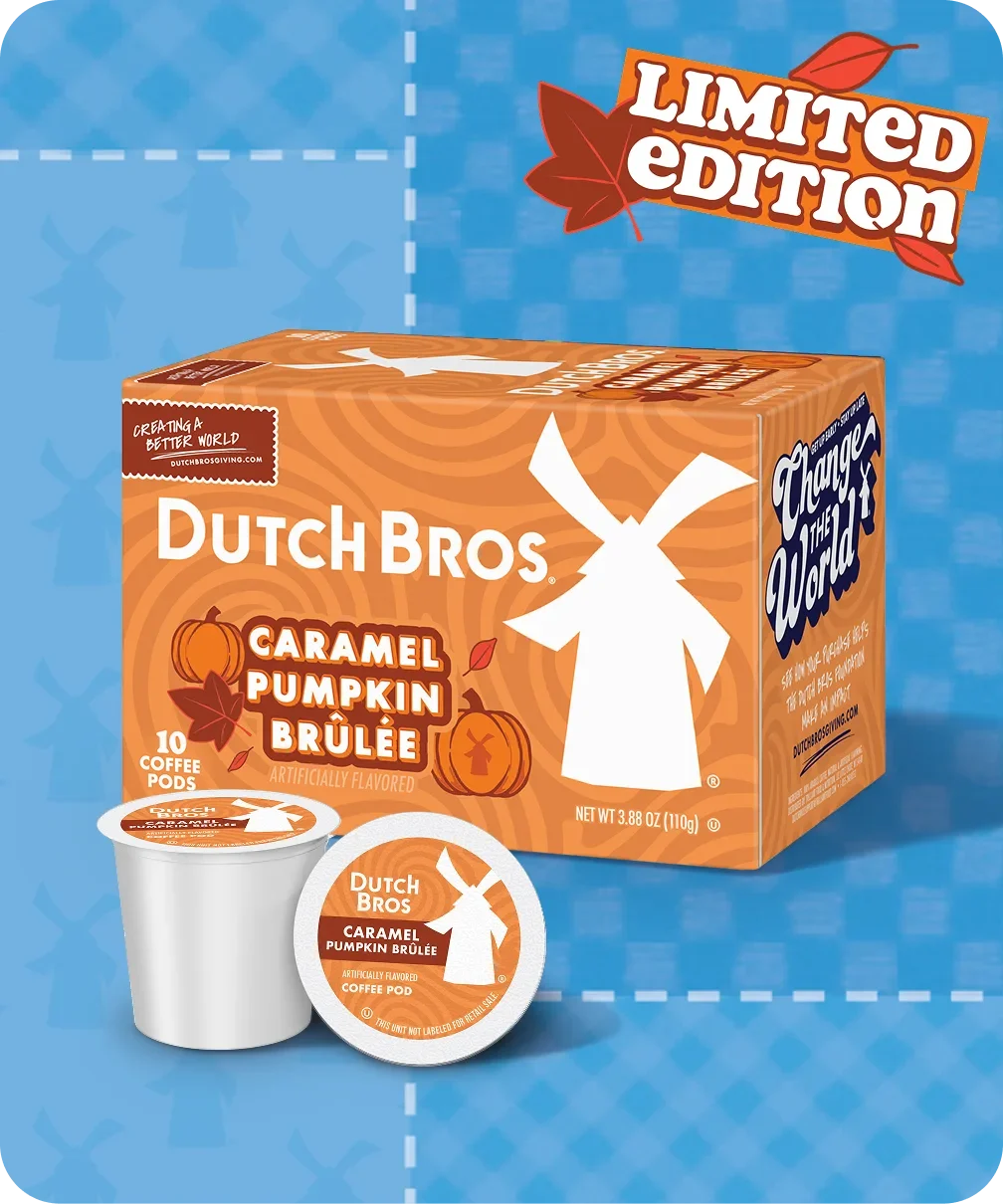 Dutch Bros Limited Edition Caramel Pumpkin Brûlée coffee pods box with two single-serve pods on a blue background.