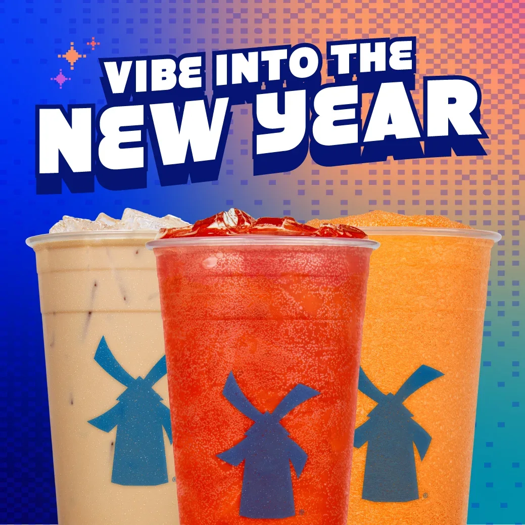 Three colorful Dutch Bros drinks - white, red, and orange -  "VIBE INTO THE NEW YEAR" text.