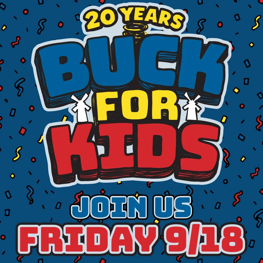 Colorful promotional graphic for "20 Years Buck for Kids" event with confetti, inviting people to join on Friday 9/18.