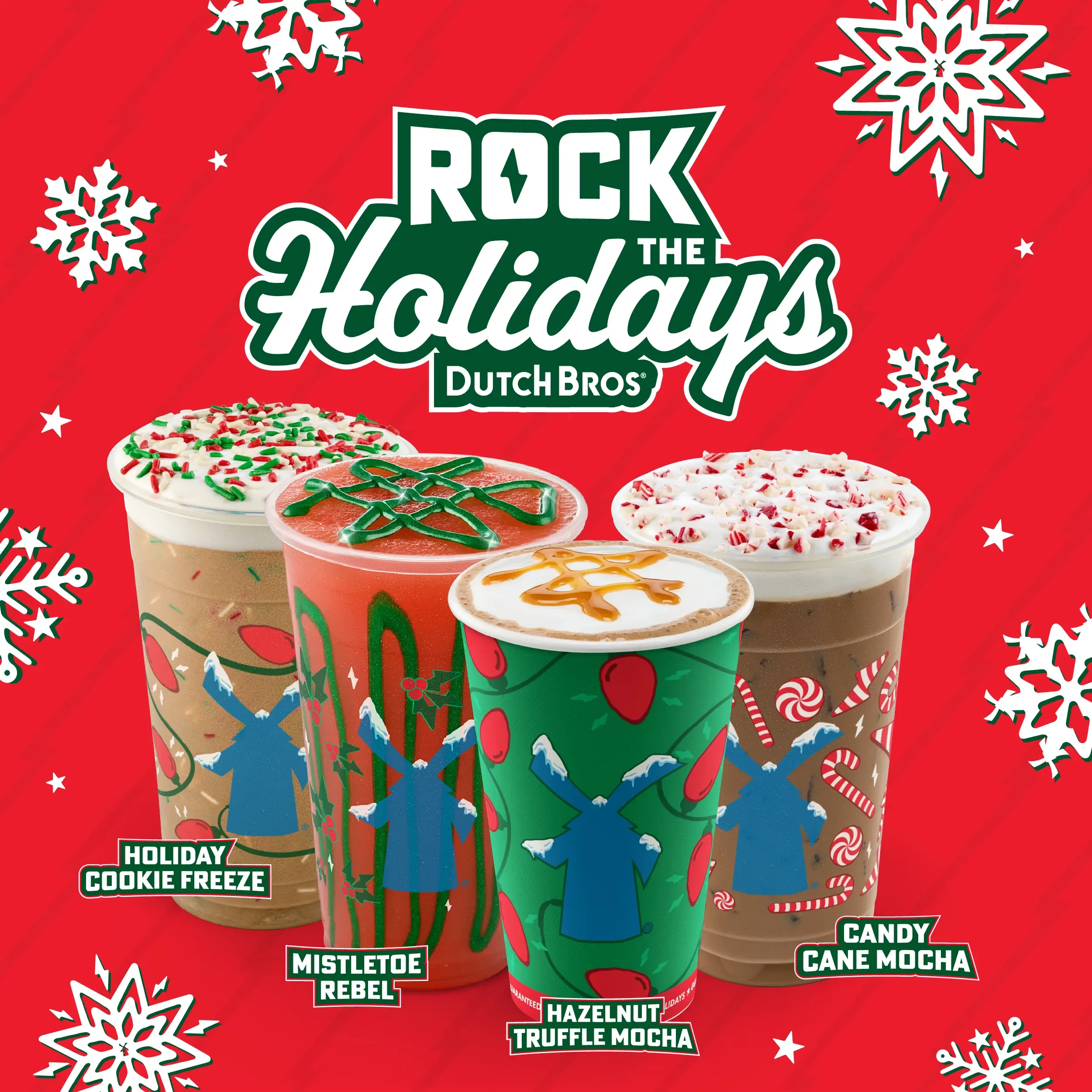 Dutch Bros "Rock the Holidays" promotion featuring four festive drinks in decorated cups against a red snowflake background.