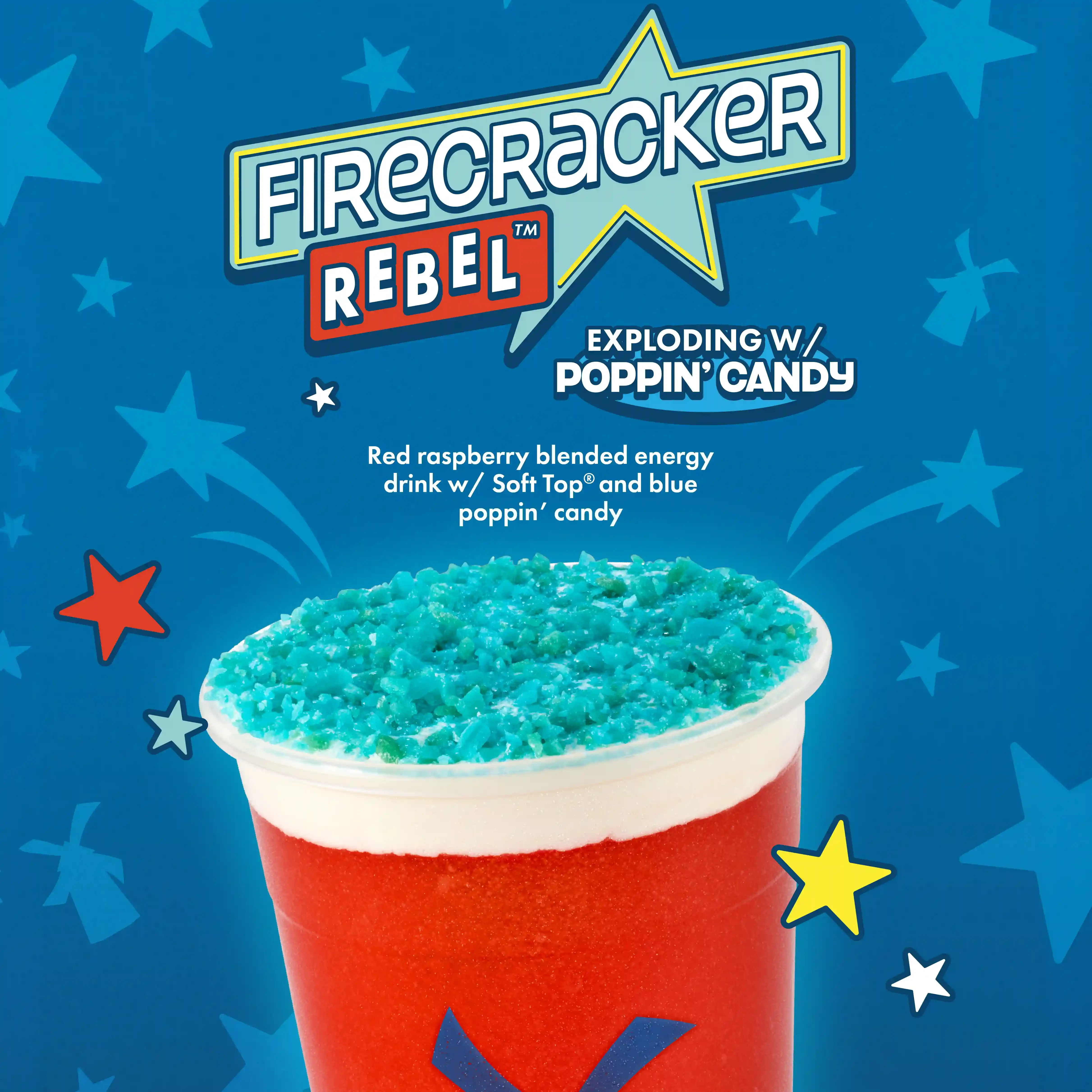 Firecracker Rebel drink in a red cup topped with white Soft Top and blue poppin' candy on a blue star background.