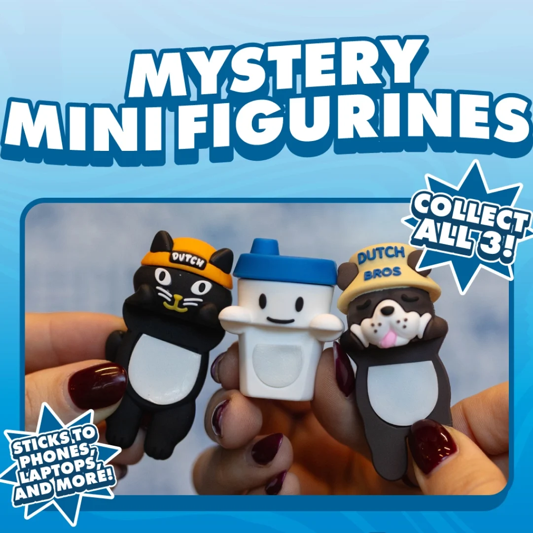 Dutch Bros mystery mini figurines featuring a black cat, coffee cup, and dog characters that stick to phones and laptops.