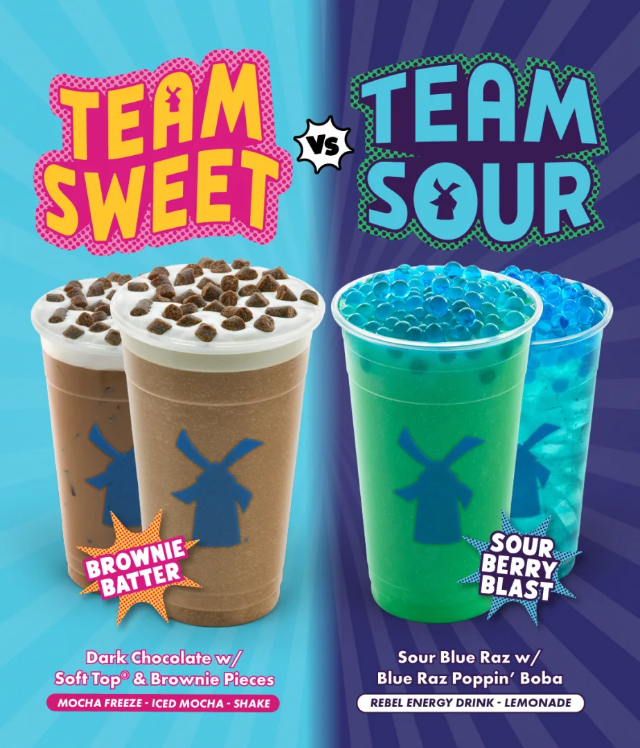 Team Sweet Brownie Batter drinks versus Team Sour Berry Blast drinks, showcasing chocolate and blue raspberry beverage options.