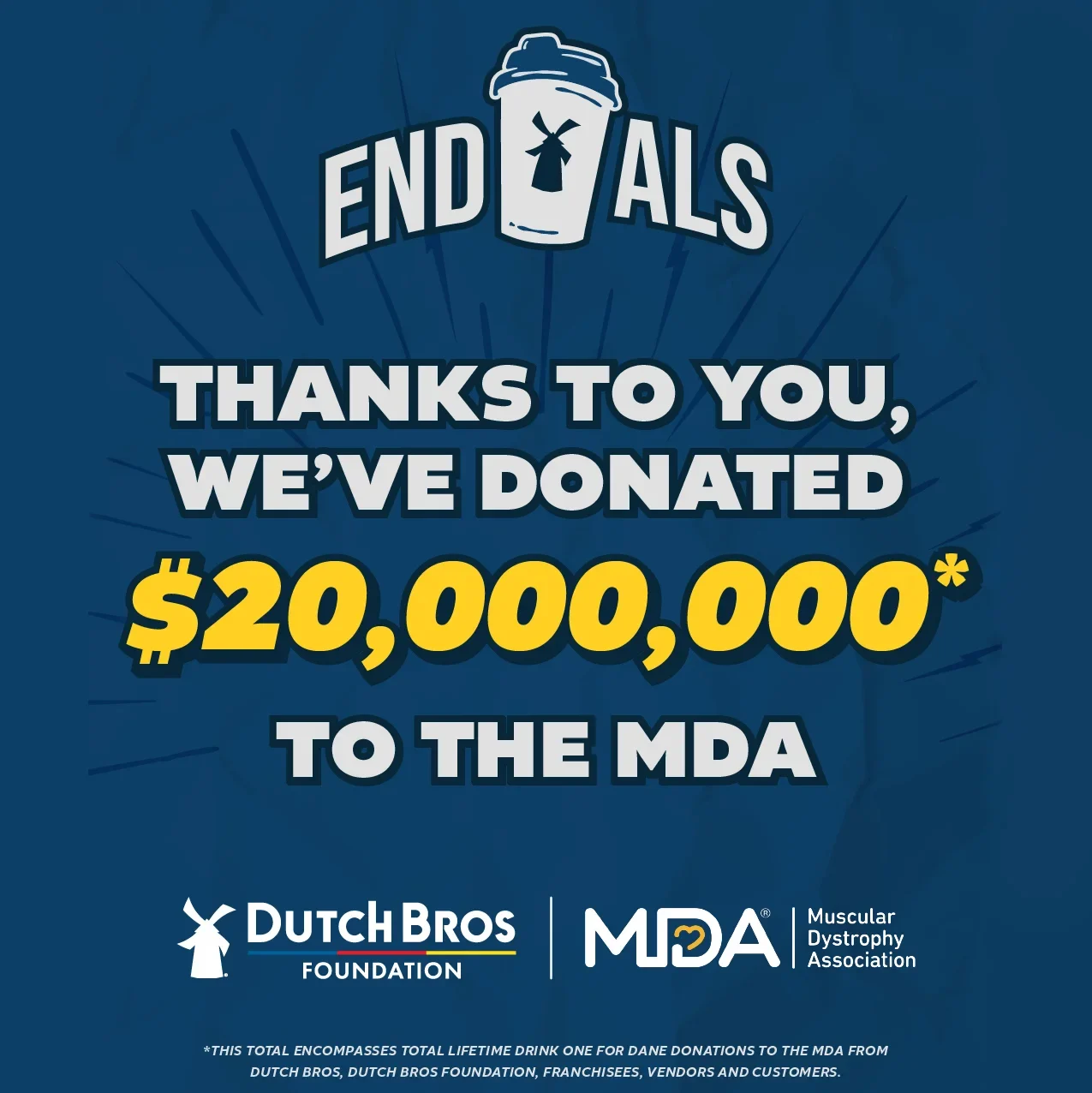 Dutch Bros Foundation End ALS campaign graphic announcing a $20,000,000 donation to the Muscular Dystrophy Association.