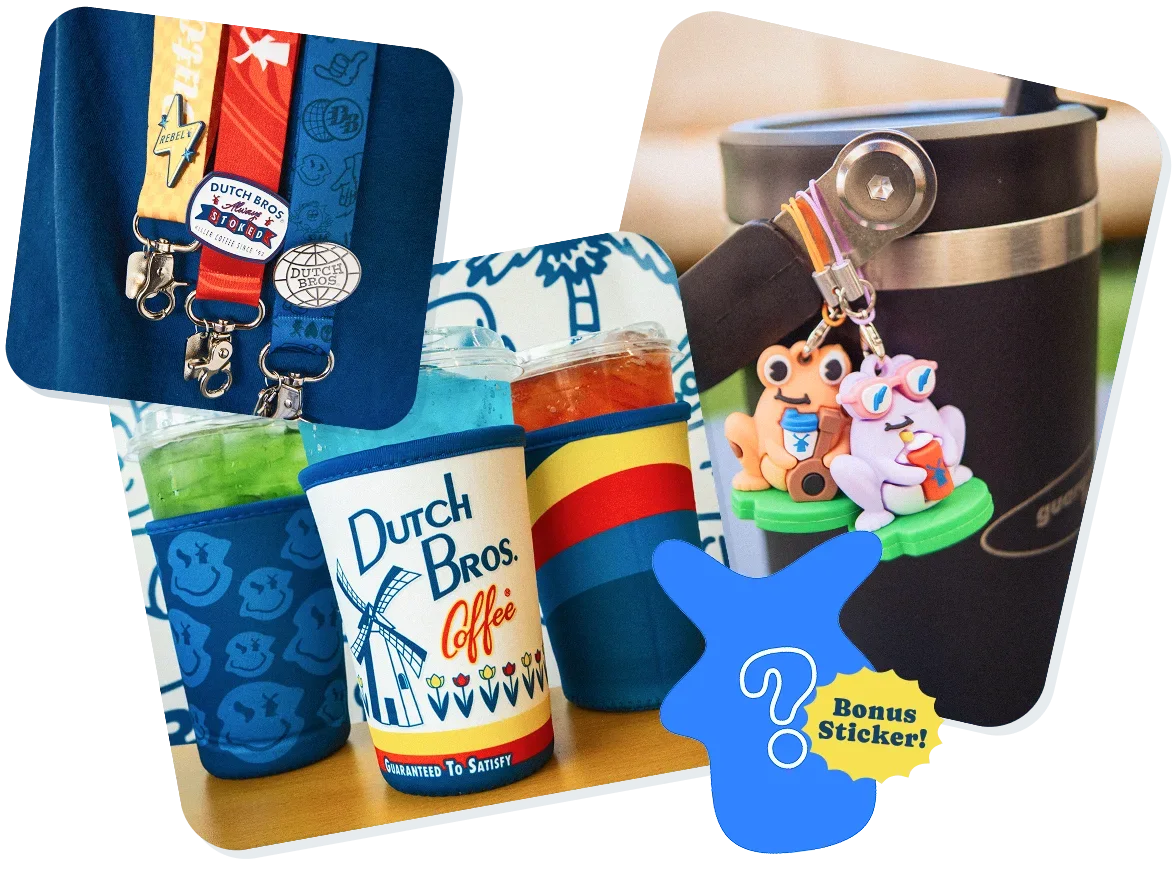 Dutch Bros Coffee merchandise including lanyards, cup sleeves, drink cups, a charm keychain, and a bonus sticker offer.