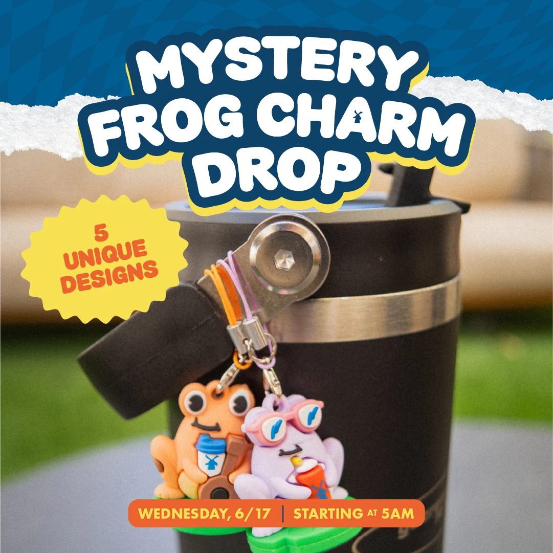 Promotional graphic for a Mystery Frog Charm Drop featuring cute frog charms on a black tumbler, launching Wednesday 6/17 at 5AM.
