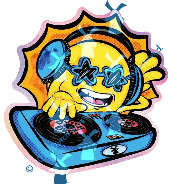 Cartoon sun wearing star-shaped sunglasses and headphones, DJing at a blue Dutch Bros turntable, smiling with a pink mouth.