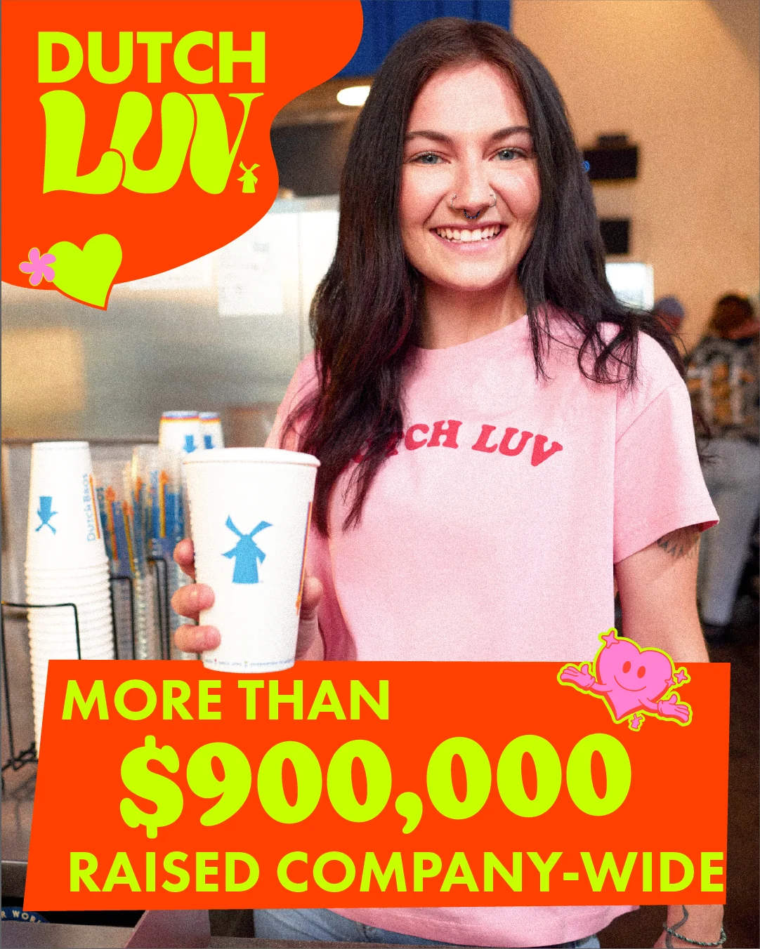 Person in pink "Dutch Luv" shirt holding a cup with windmill logo, promotional graphic showing over $900,000 raised.