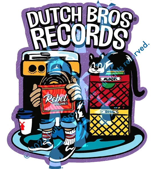 Dutch Bros Records logo featuring a cartoon character holding a vinyl record, a cat, boombox, and jukebox with Rock and Soul labels.