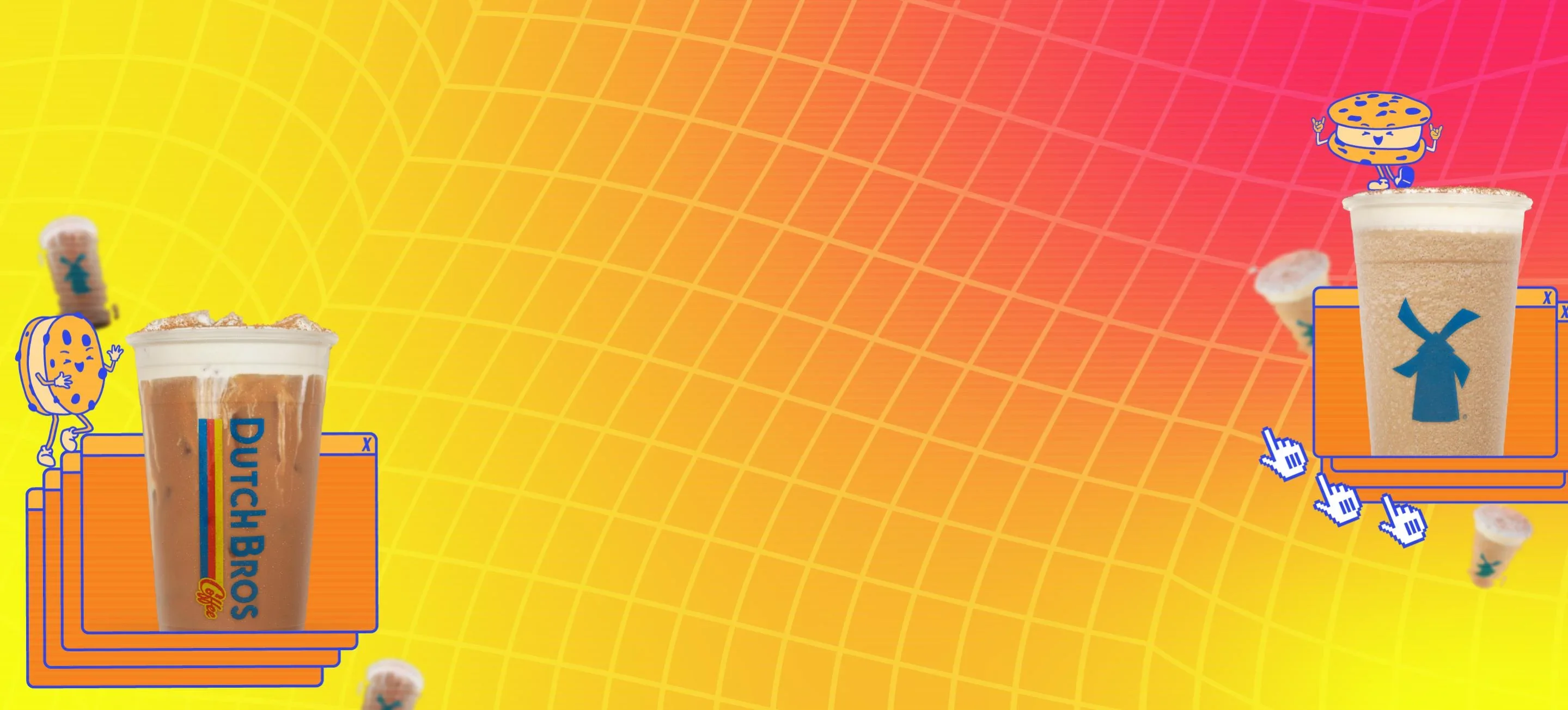 Dutch Bros coffee drinks on vibrant yellow-to-pink gradient background with cartoon cookie characters and windmill logos.