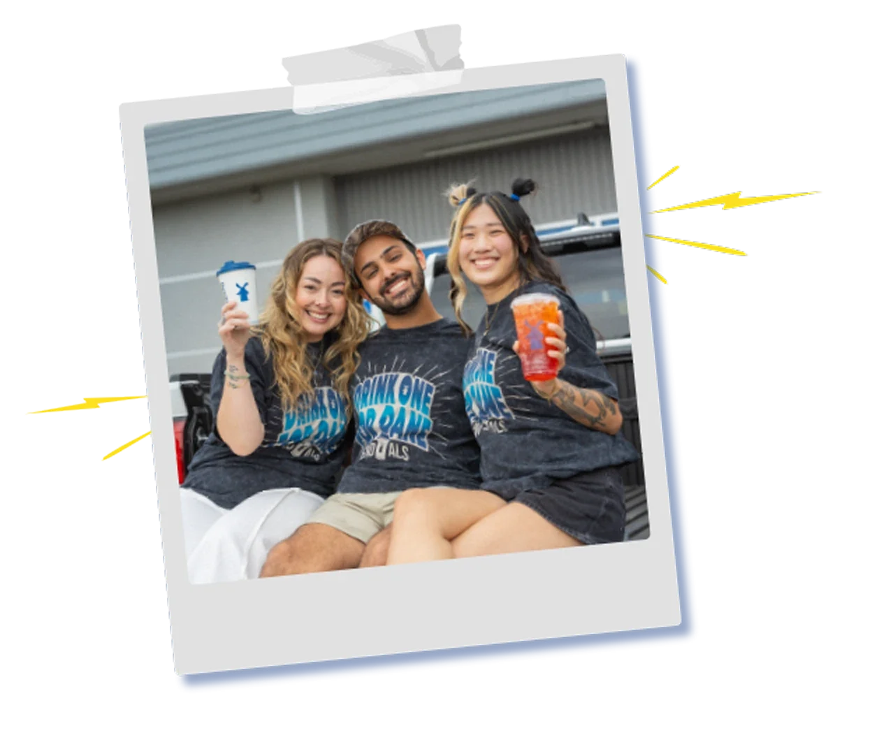 broistas wearing drink one for dane merch