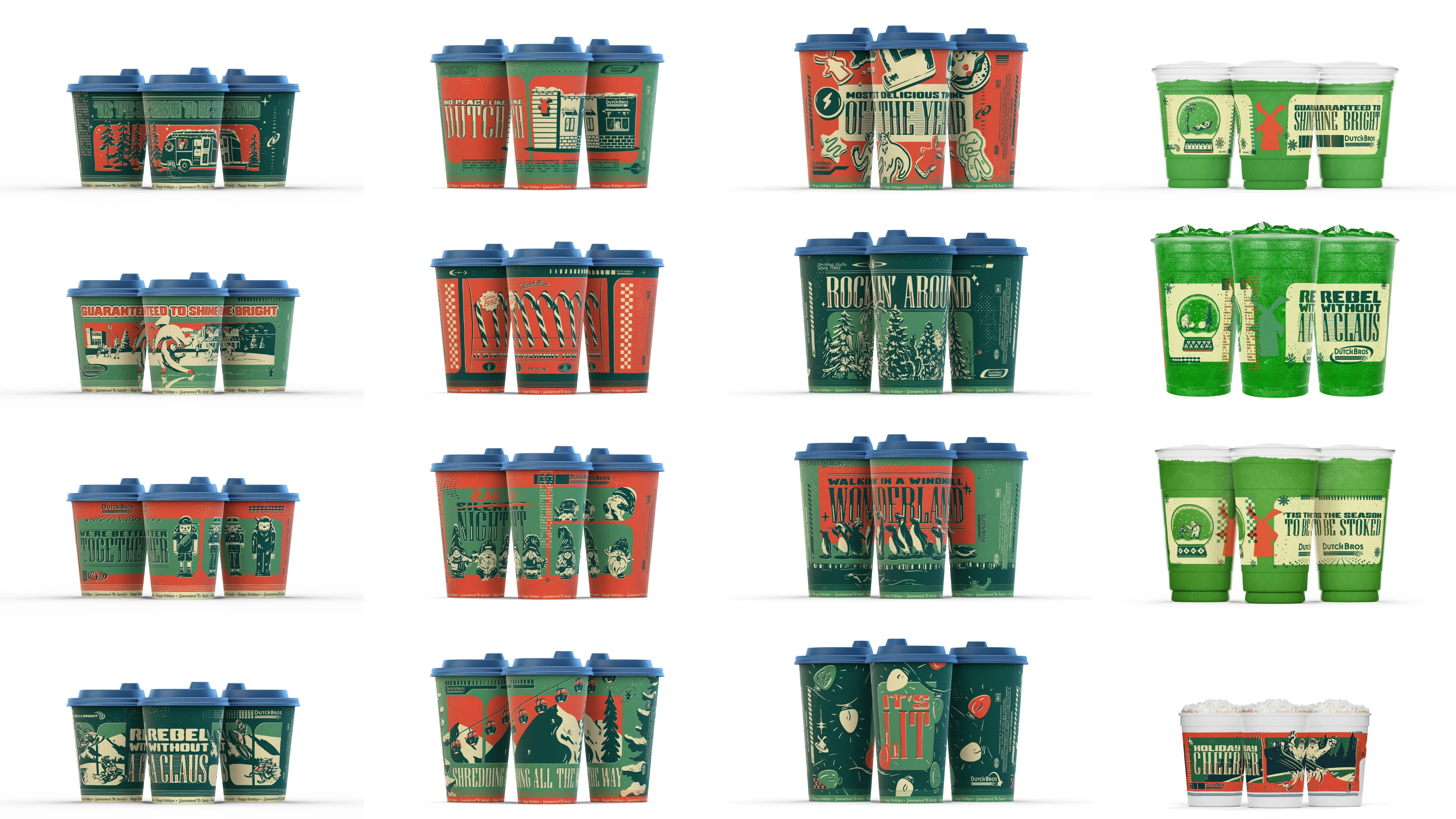 Collection of festive coffee cups featuring holiday designs in red and green with blue lids arranged in rows.