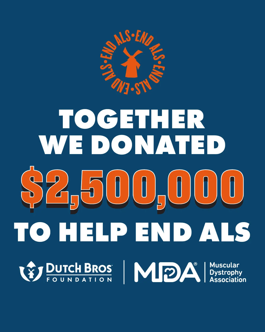 Blue poster showing Dutch Bros Foundation and MDA donated $2,500,000 to help end ALS, with orange windmill logo.