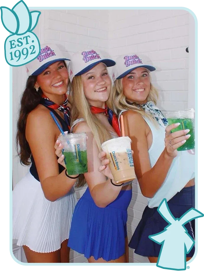 Three smiling people wearing "Dutch Dutch" caps holding colorful drinks, with teal logo elements and "EST. 1992" in corner.