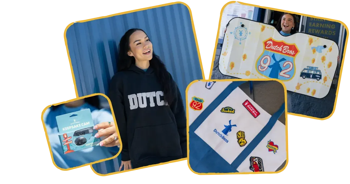 Collage of Dutch Bros merchandise including a hoodie, keepsake camera, patch tote bag, and a Route 92 sun shade.