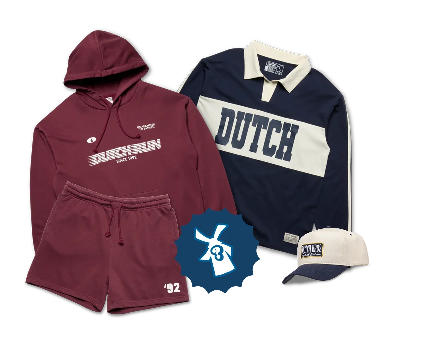 Dutch Bros merchandise including a maroon hoodie, shorts, navy rugby shirt reading "DUTCH," and a cream snapback cap.