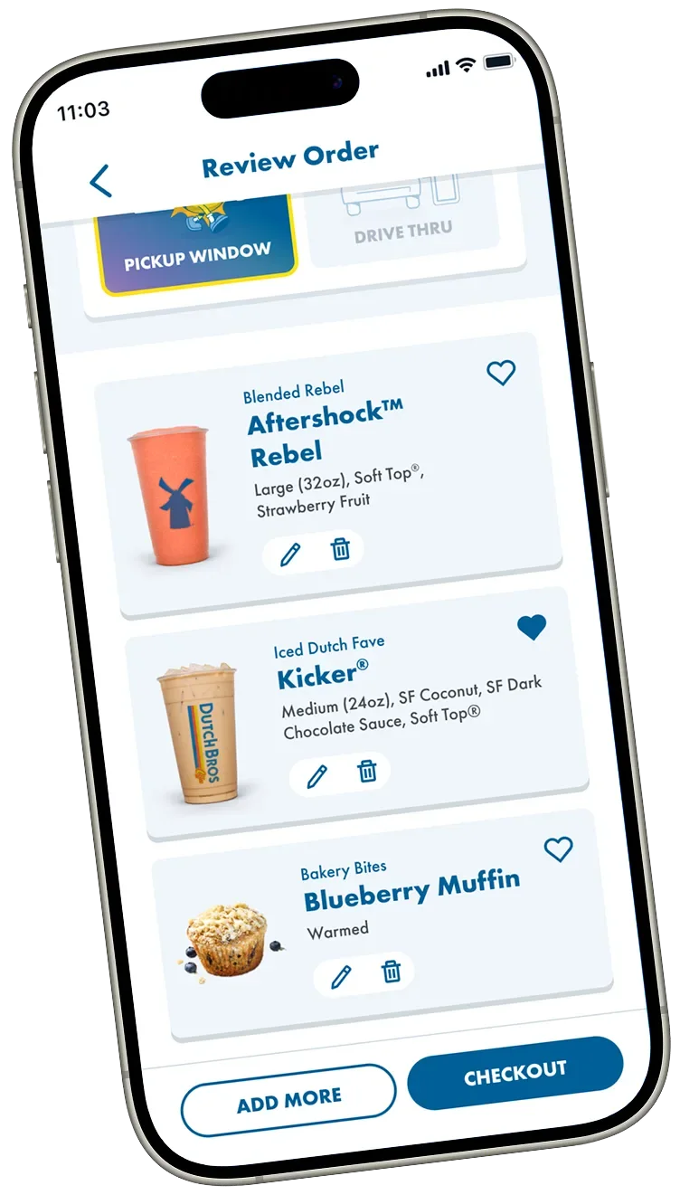 Dutch Bros app on a smartphone showing a Review Order screen with two drinks and a blueberry muffin listed.