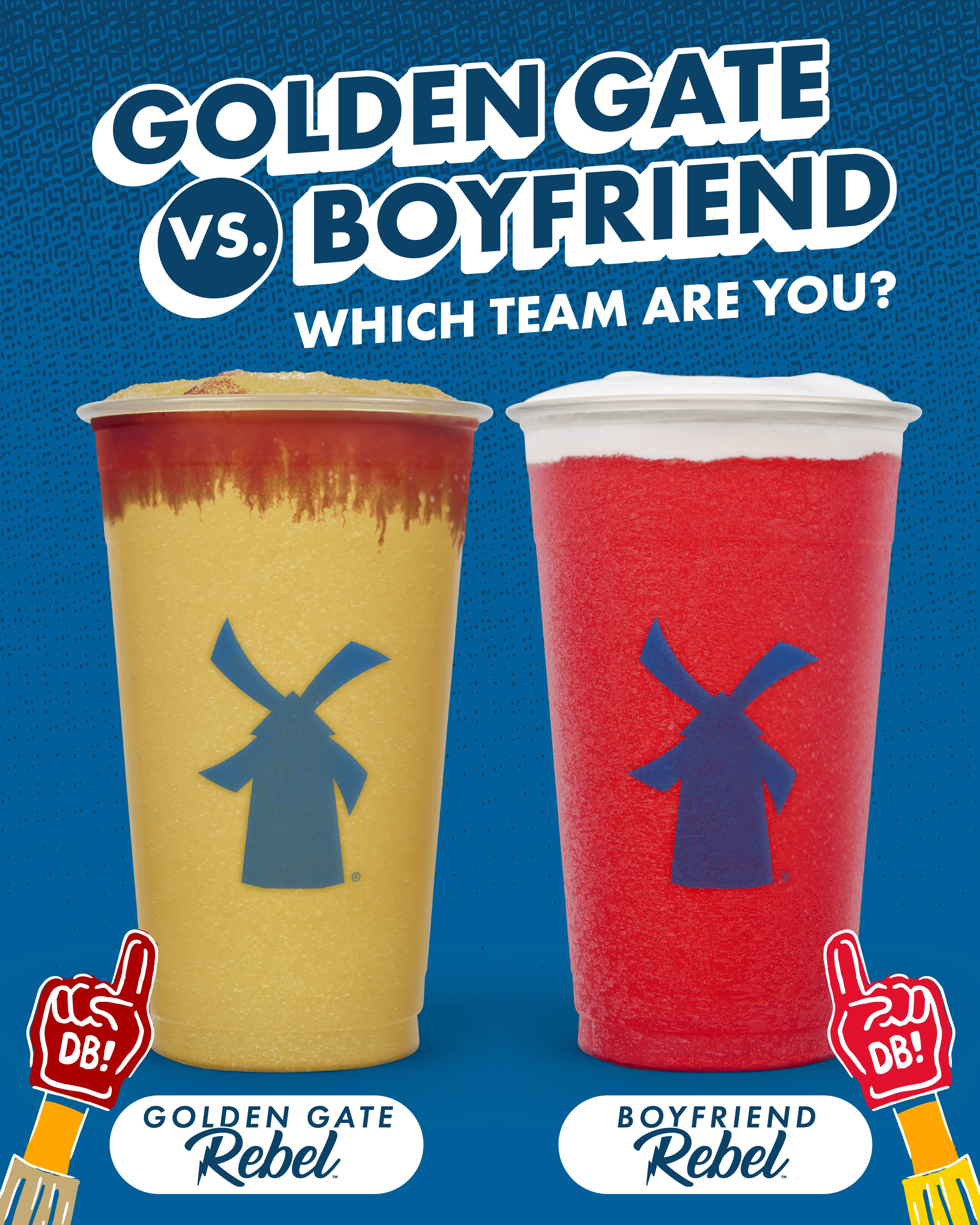 Dutch Bros promotional image showing yellow "Golden Gate" and red "Boyfriend" Rebel drinks on blue background with windmill logos.