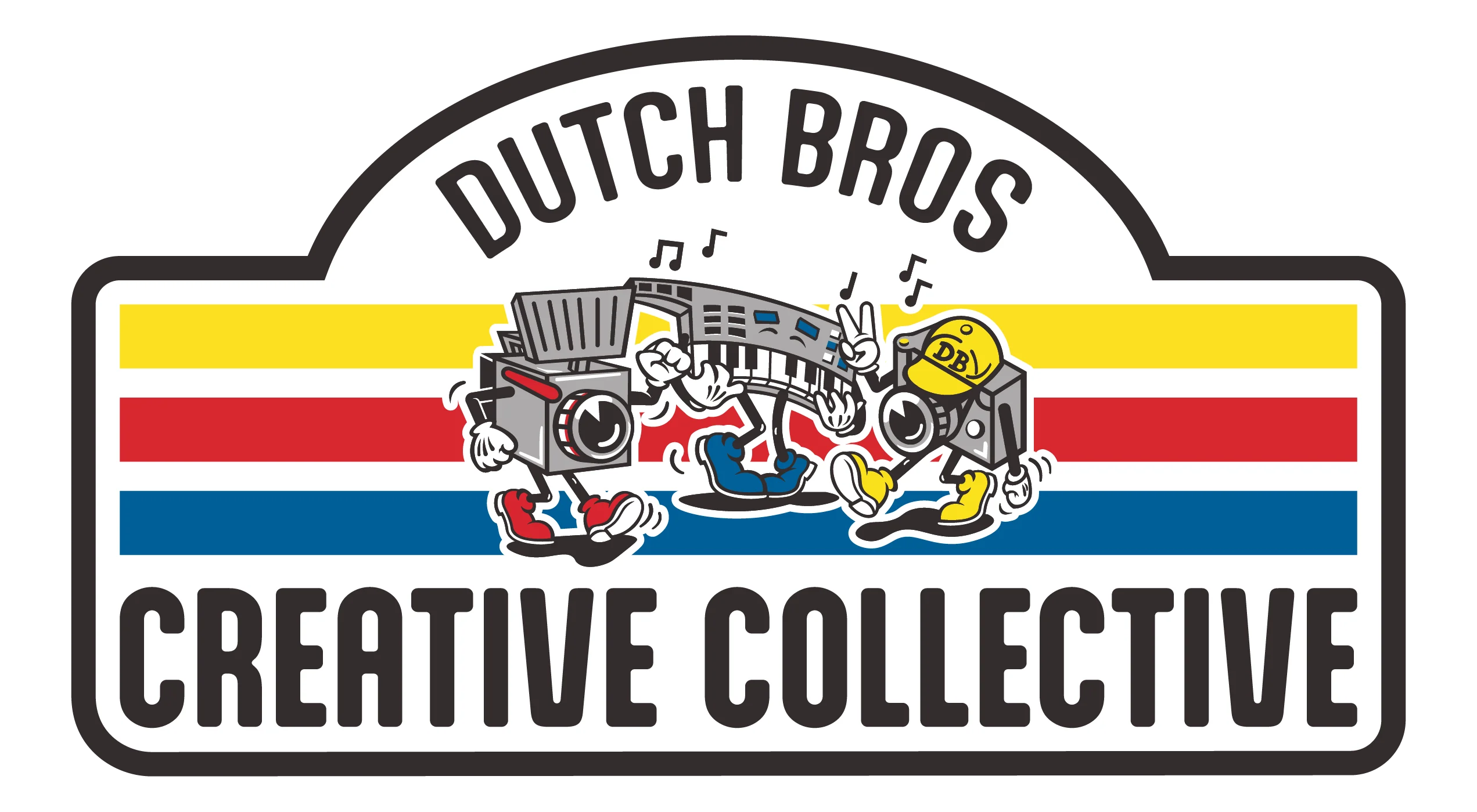Dutch Bros Creative Collective logo featuring cartoon music equipment characters on red, yellow, and blue striped background.