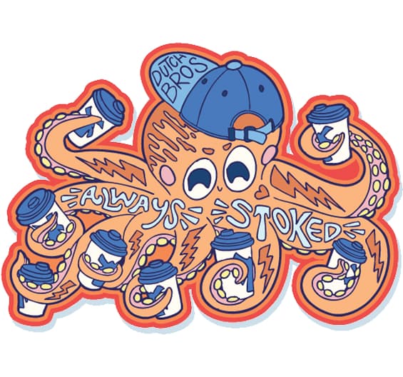 octopus with a hat and coffees in hand