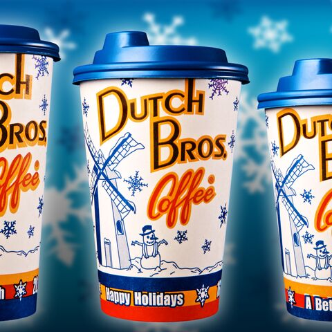 Three Dutch Bros to-go cups are featured with a very Dutch inspired design