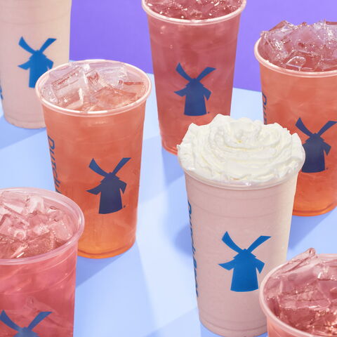 A collection of Strawberry Lavender drinks from Dutch Bros