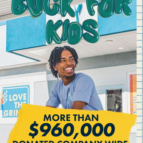 Graphic with a broista smiling with headline reading Buck for Kids More Than $960,000 Donated Company Wide 