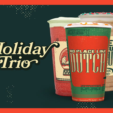 A picture of the 3 holiday drinks - a hot drink, a freeze and a blended rebel
