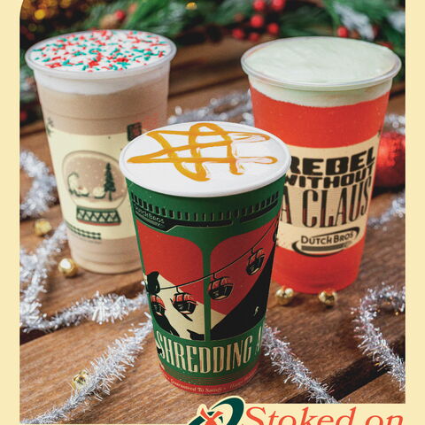 the hazelnut truffle mocha, snow cap freeze and merry mischief rebel without lids on a table