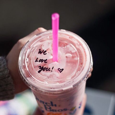 A large cup of love from Dutch Bros in the form of a large iced drink colored pink