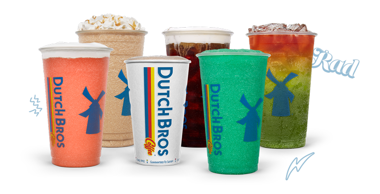 A collection of Dutch Bros coffee and energy drinks